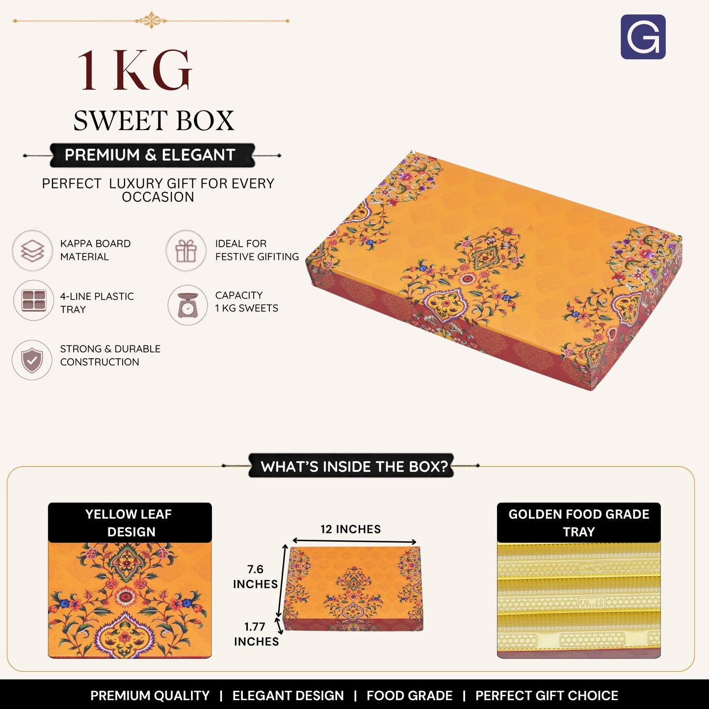 Yellow Leaf 4 Line Sweet Box | 1kg Premium Mithai Gift Packaging Box