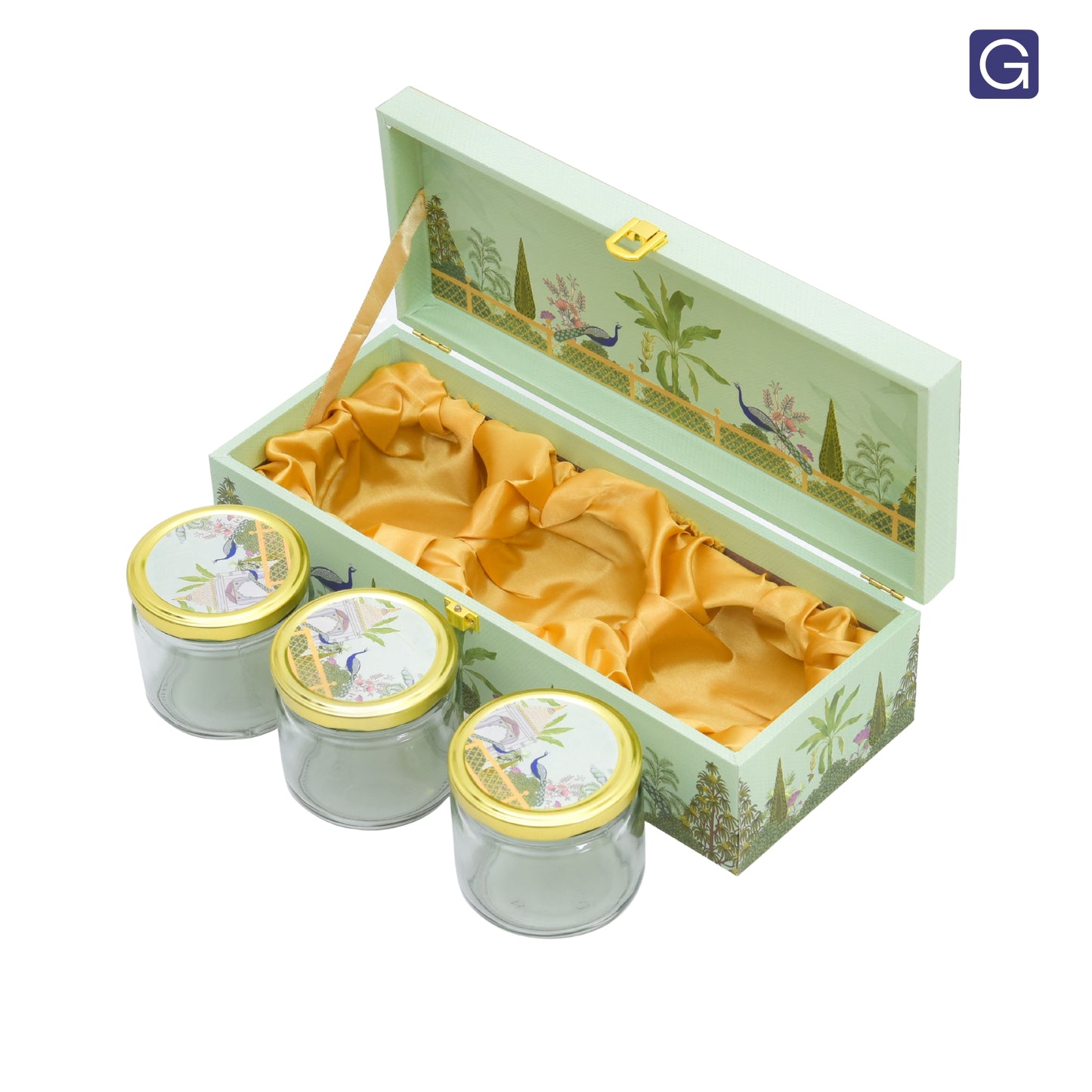 Green Garden Theme Wooden Hamper Box with 3 Jars for Festivals & Celebrations