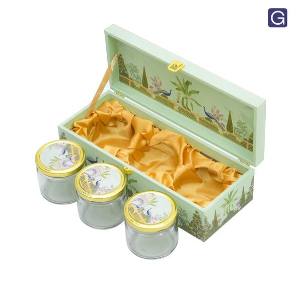 Green Garden Theme Wooden Hamper Box with 3 Jars for Festivals & Celebrations