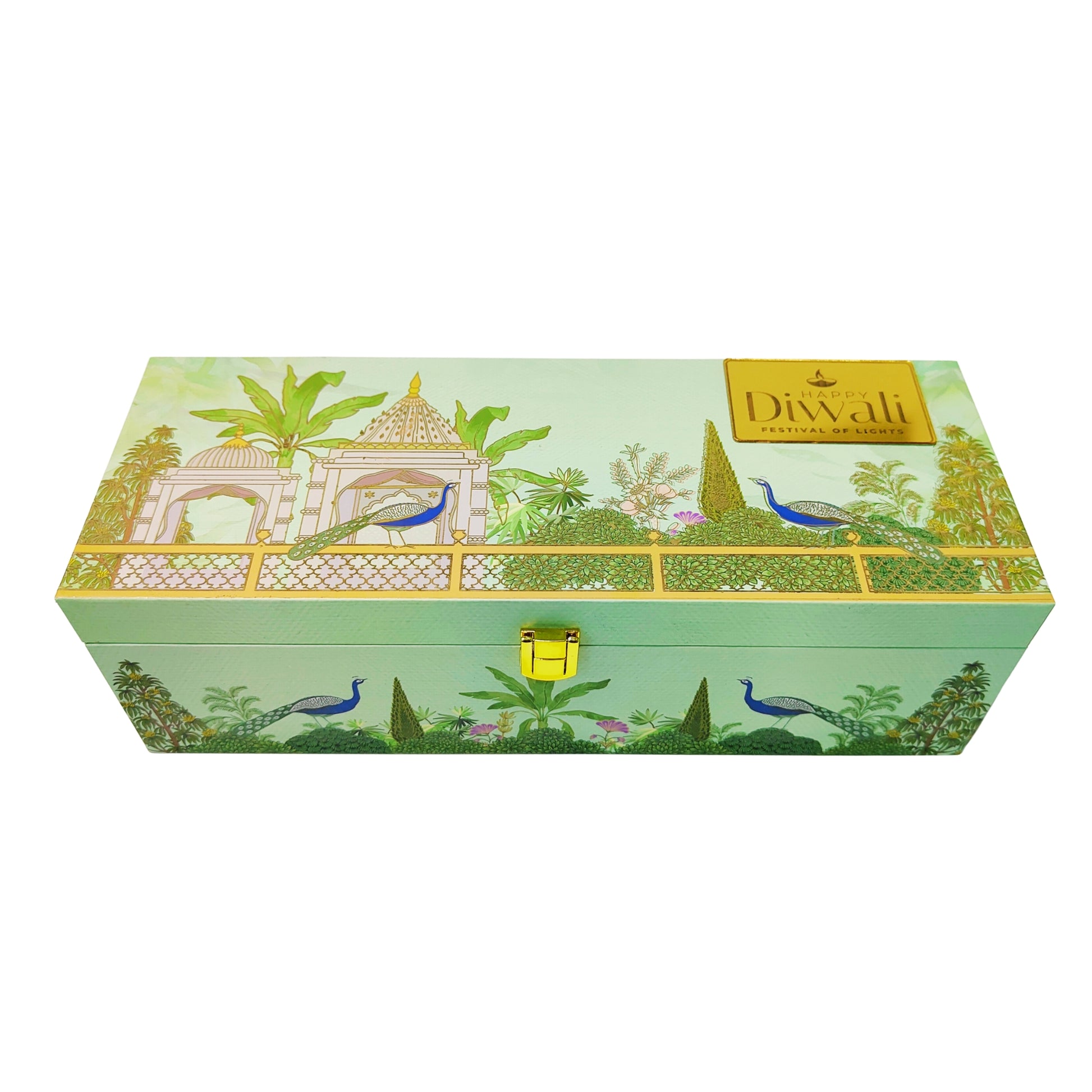 Luxury Peacock Green Garden Wooden Gift Box – 3 Jar Dry Fruit & Sweet Hamper | Diwali & Wedding Gifting | Grownex Packaging | wooden box