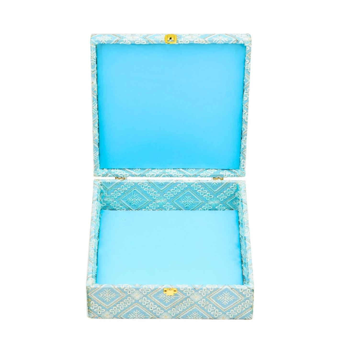 Premium Sky Blue Fabric Finish Empty Gift Box with Lock | Grownex Packaging | wooden box