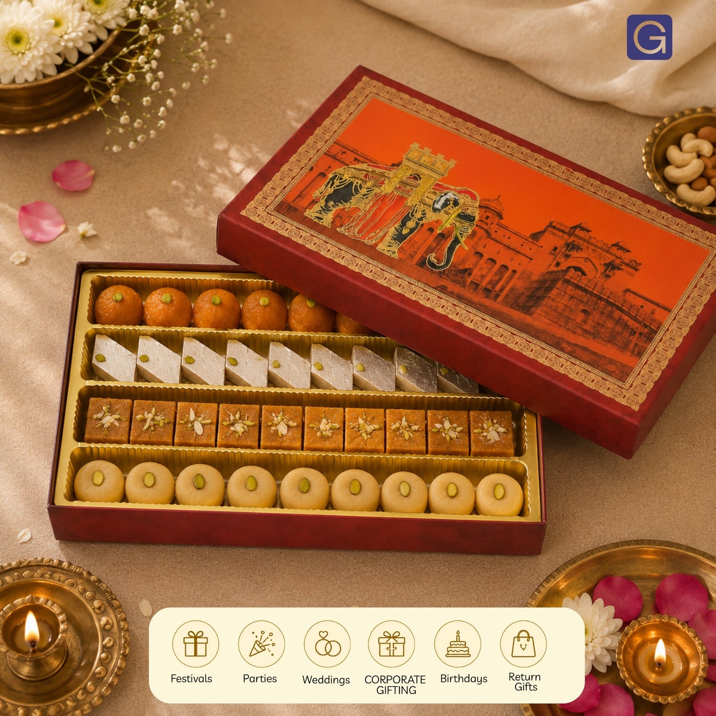 Red Elephant Foil 4 Line Sweet Box | 1kg Premium Matte Finish Mithai Gift Box