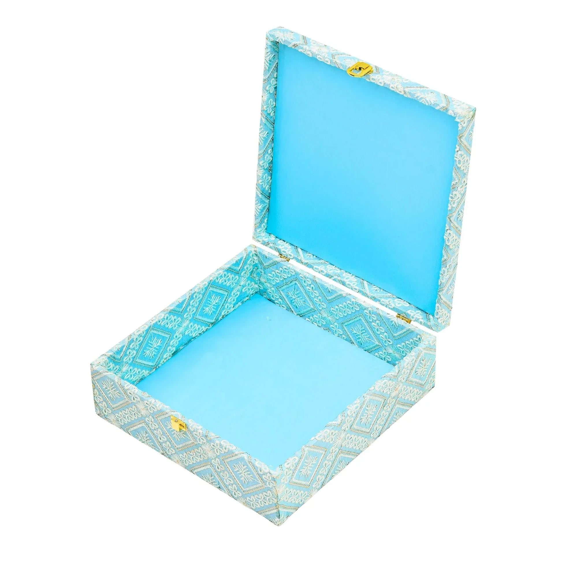 Premium Sky Blue Fabric Finish Empty Gift Box with Lock | Grownex Packaging | wooden box