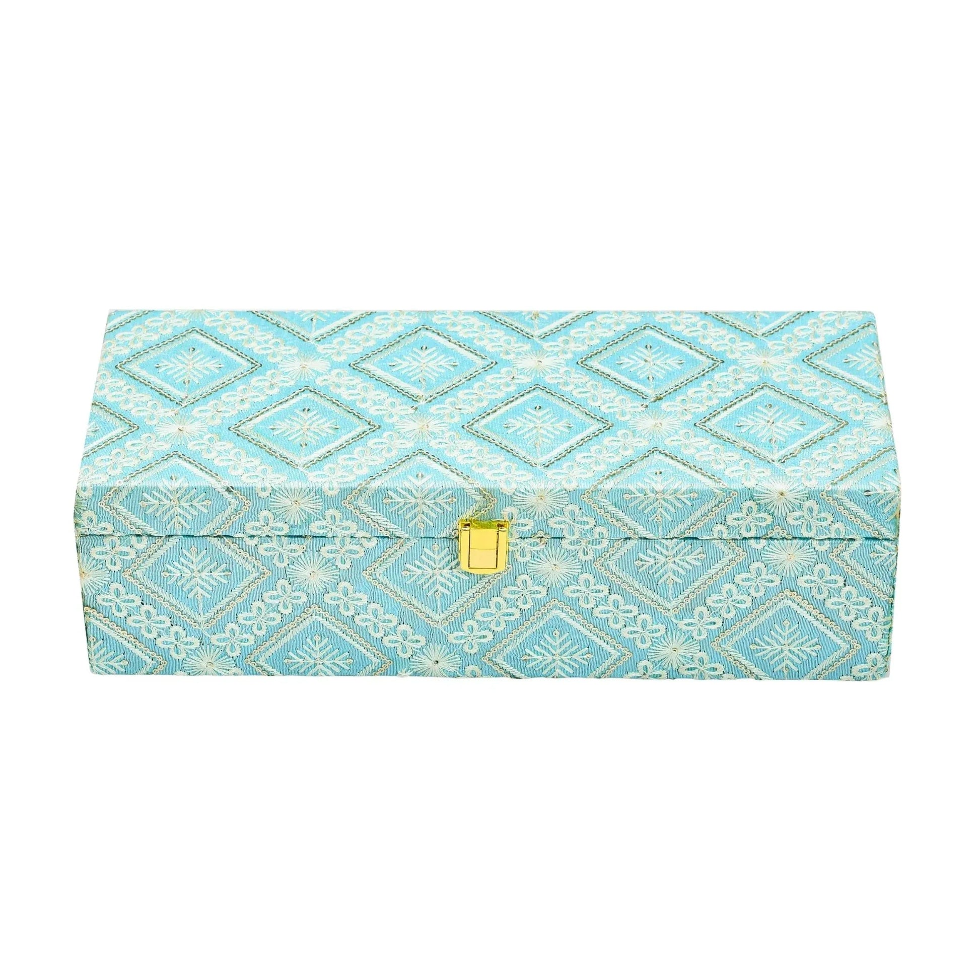 Premium Sky Blue Fabric Finish Empty Gift Box with Lock – 33 × 13.5 × 10 cm | Grownex Packaging | wooden box