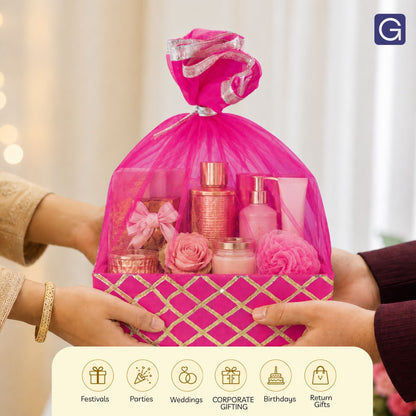 Square Lace Rani Pink Gift Basket  | Wedding & Return Gift Packaging