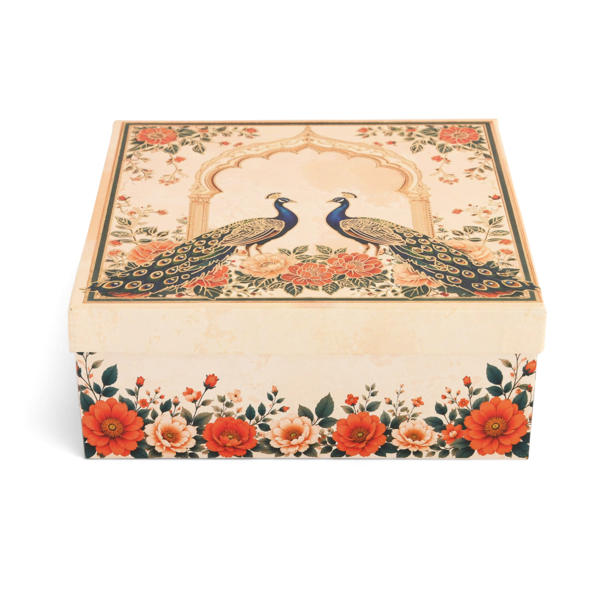 Cream Peacock Print Laddoo Box 4 Piece