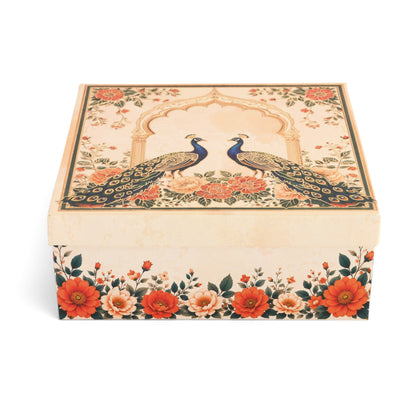 Cream Peacock Print Laddoo Box 4 Piece