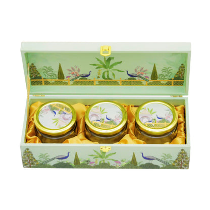 Luxury Peacock Green Garden Wooden Gift Box – 3 Jar Dry Fruit & Sweet Hamper | Diwali & Wedding Gifting | Grownex Packaging | wooden box
