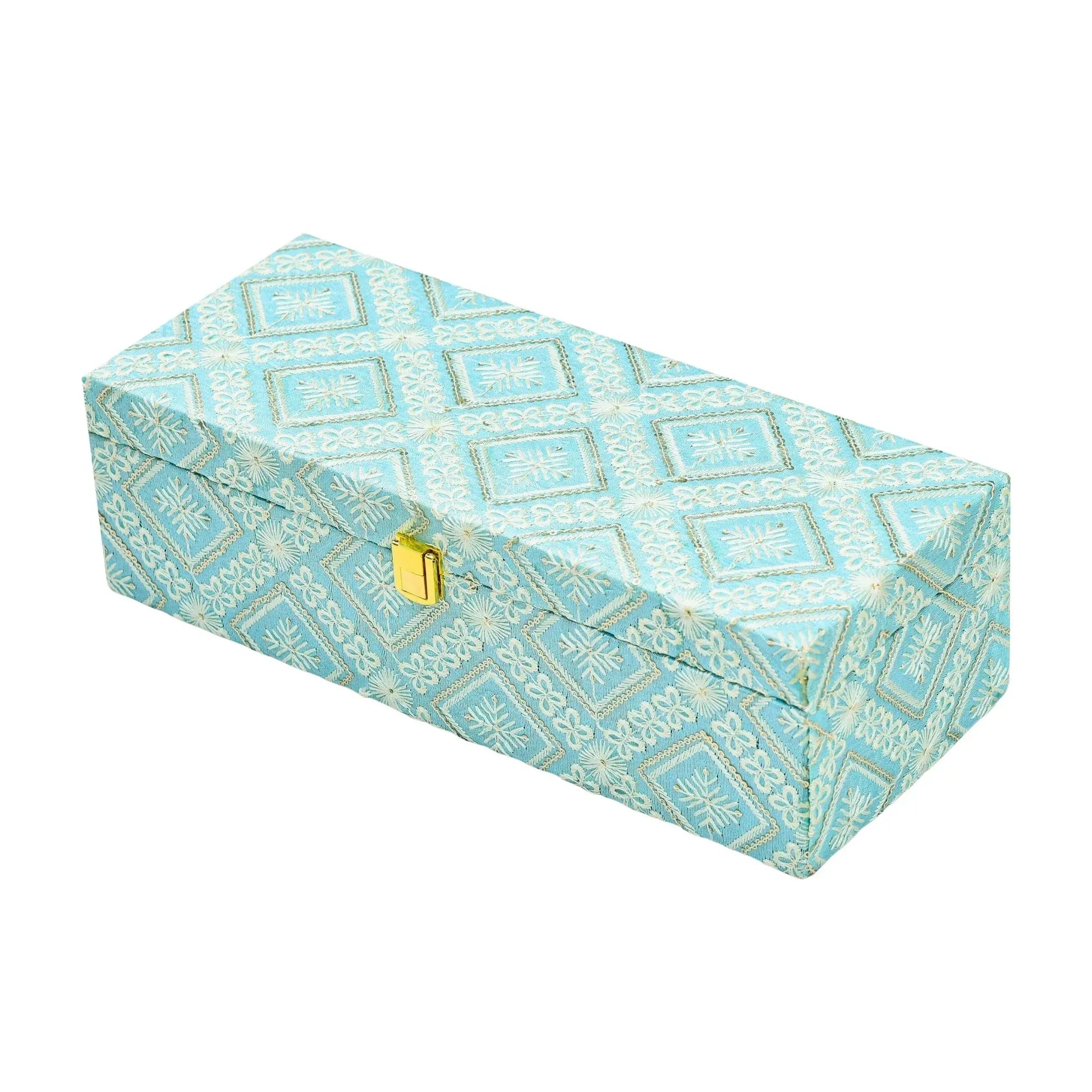 Premium Sky Blue Fabric Finish Empty Gift Box with Lock – 33 × 13.5 × 10 cm | Grownex Packaging | wooden box