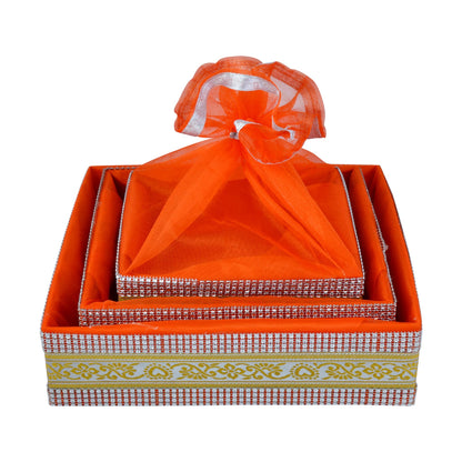 Set of 3 Orange Decorated with lace Gift Hamper Basket For Festivals | Grownex Packaging | Basket & Tray