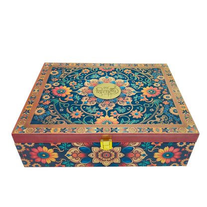 Luxury Shubh Diwali Floral Wooden Gift Box – 6 Jar Premium Dry Fruit & Sweet Hamper | Grownex Packaging | wooden box