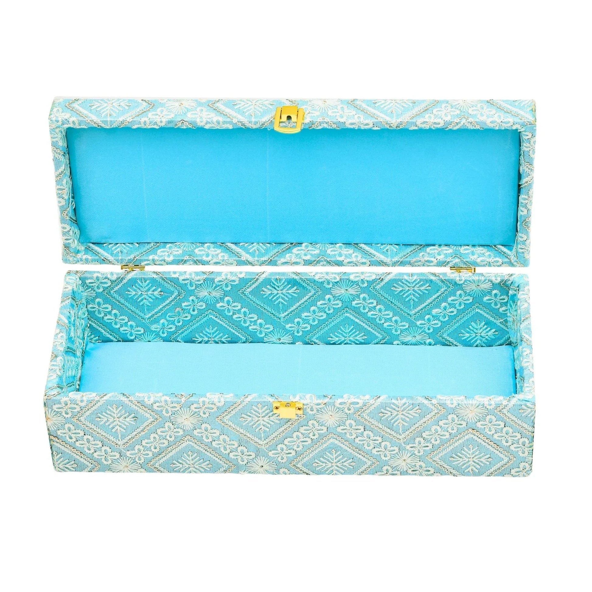 Premium Sky Blue Fabric Finish Empty Gift Box with Lock – 33 × 13.5 × 10 cm | Grownex Packaging | wooden box
