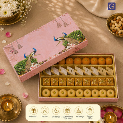 Pink Peacock 4 Line Sweet Box | 1kg Premium Mithai Gift Packaging Box