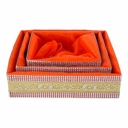 Set of 3 Orange Decorated with lace Gift Hamper Basket For Festivals | Grownex Packaging | Basket & Tray