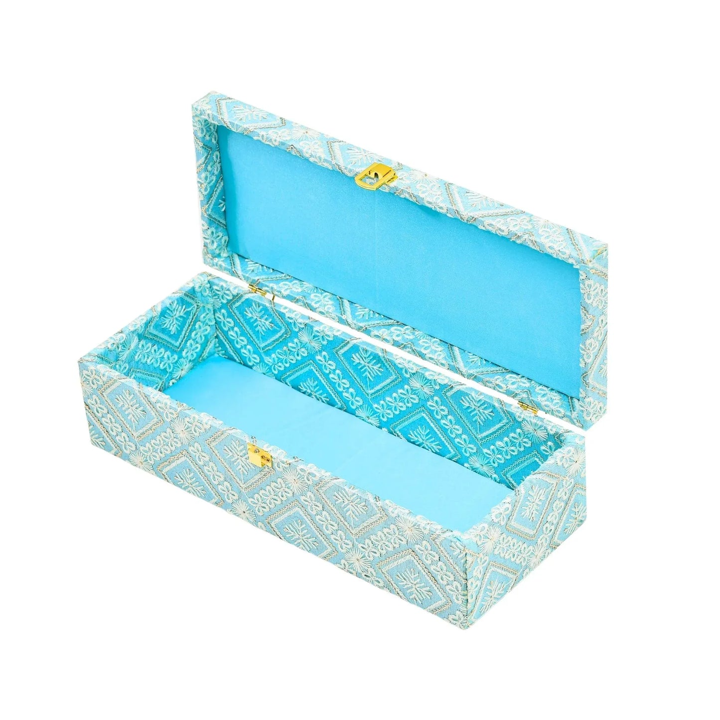 Premium Sky Blue Fabric Finish Empty Gift Box with Lock – 33 × 13.5 × 10 cm | Grownex Packaging | wooden box
