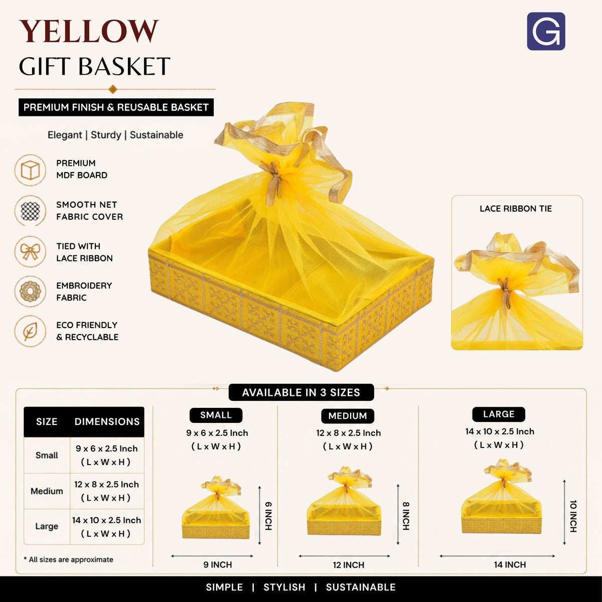 Gold Embroidery Yellow Net Gift Hamper Basket  | Wedding & Return Gift Packaging