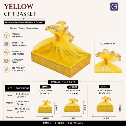 Gold Embroidery Yellow Net Gift Hamper Basket  | Wedding & Return Gift Packaging