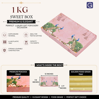 Pink Peacock 4 Line Sweet Box | 1kg Premium Mithai Gift Packaging Box