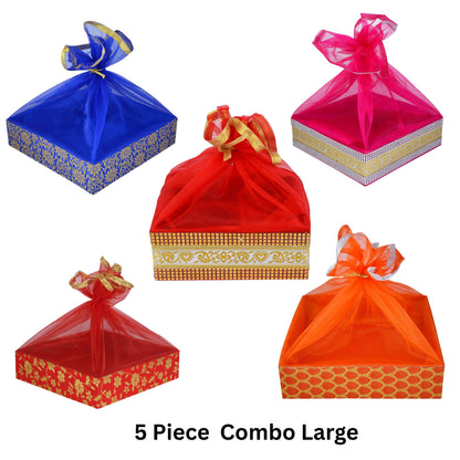 5 Piece Combo Large Decorative Sweet Box Set (12x12x3 Inch) | Festive Gift Packing Box for Diwali, Wedding & Return Gifts | Grownex Packaging | Basket & Tray