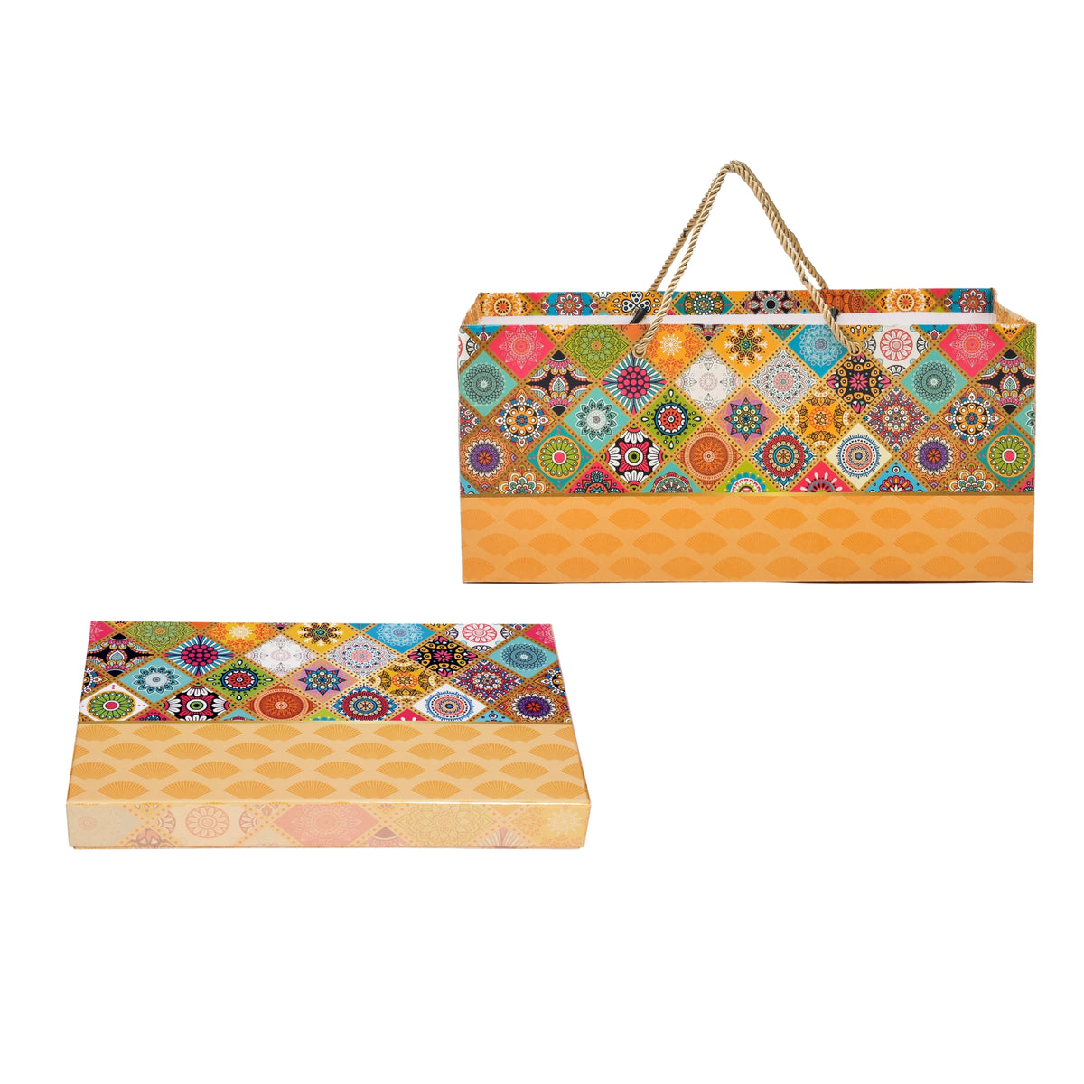 Mosaic Mandala Print Paper Bag with Matching Sweet Box Combo – Festive Gift Packaging Set