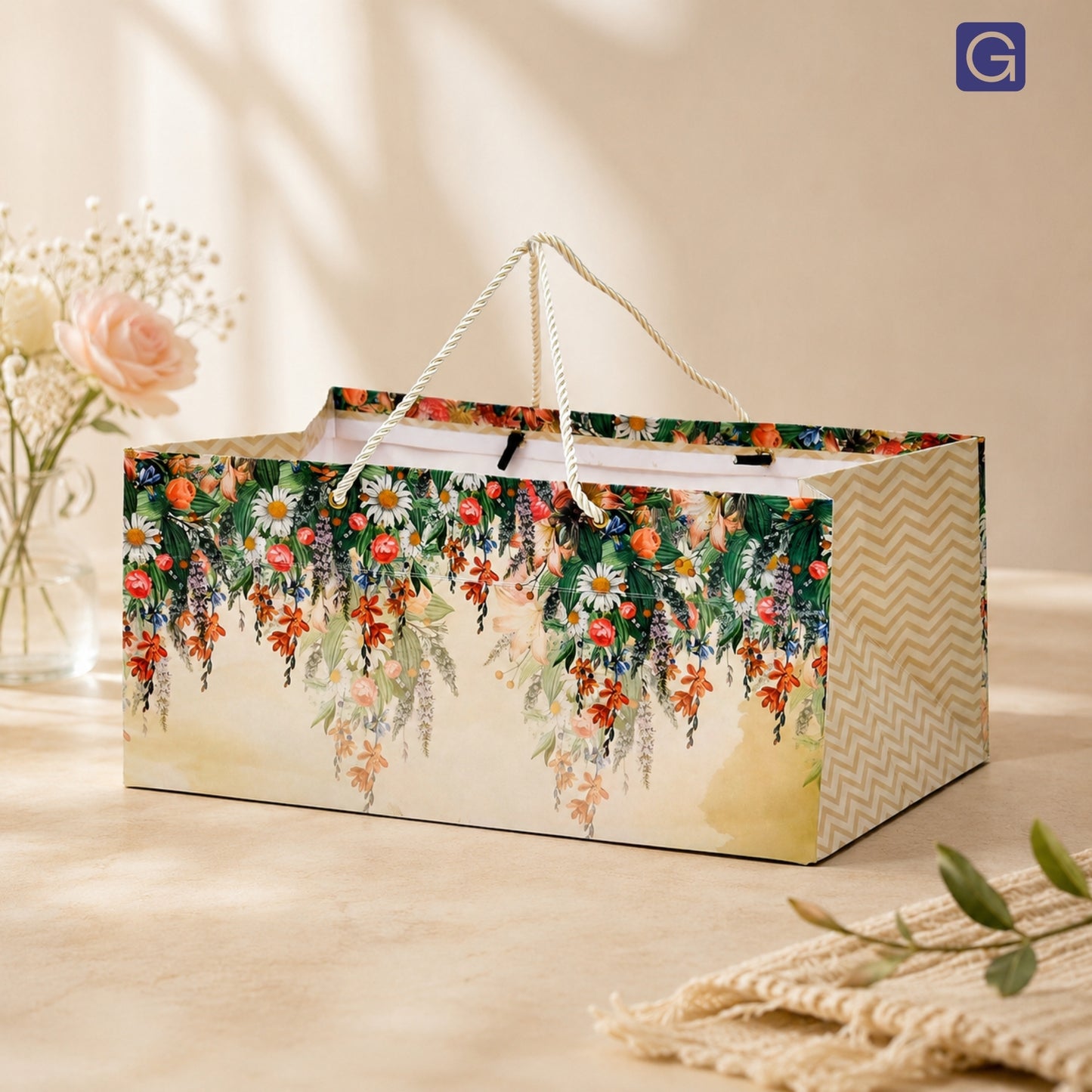 Beige Floral Print Paper Gift Bag 13x8.5x6 Inch | Wedding & Festive Hamper Packaging