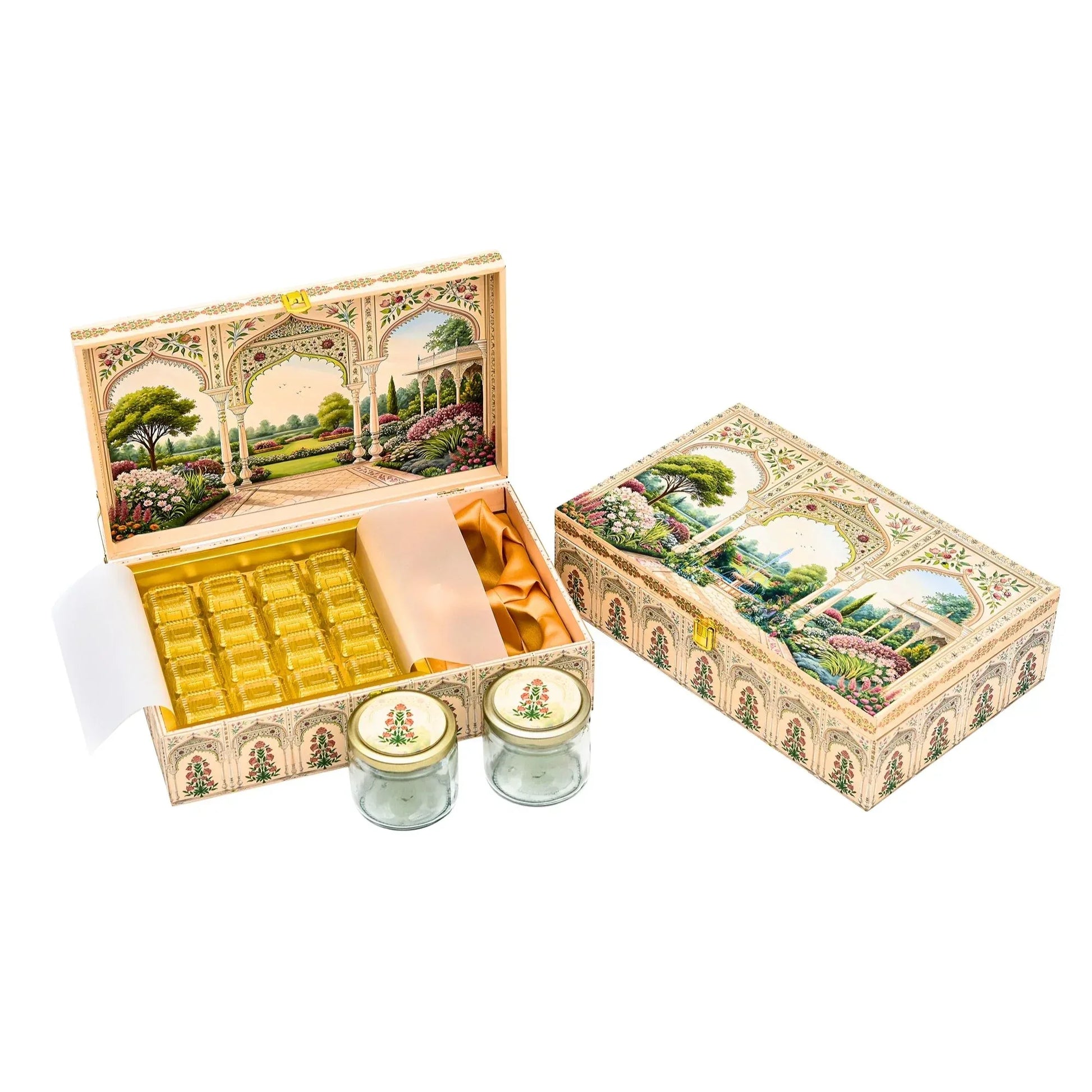 Royal Mughal Garden Luxury Gift Box - Premium Wooden Festive Hamper with Jars & Chocolate Cavity | Grownex Packaging | Hamper Box