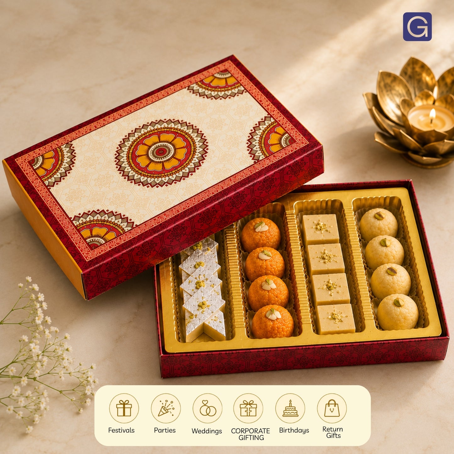 Red Circle Design Sweet Box | 500gm Premium Mithai Packing Box