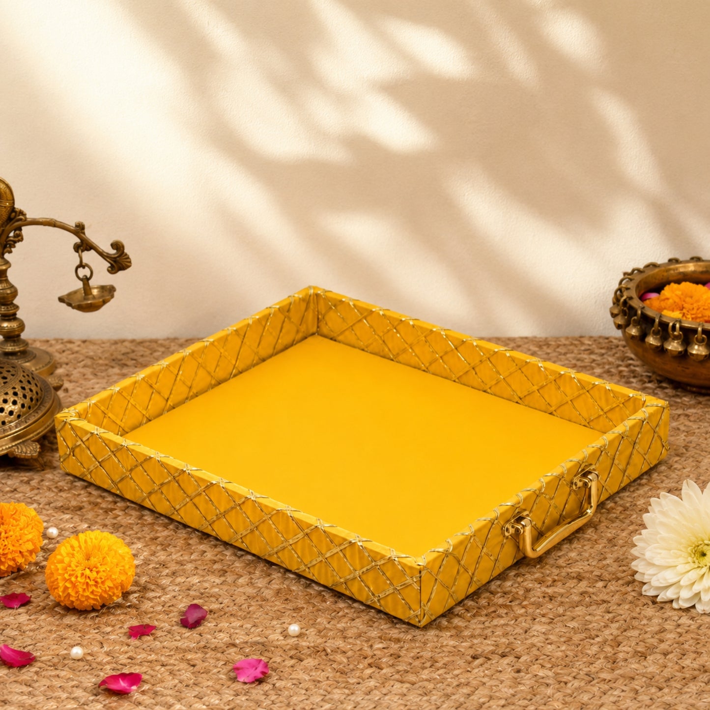 Traditional Yellow Wooden Square Lace Hamper Tray