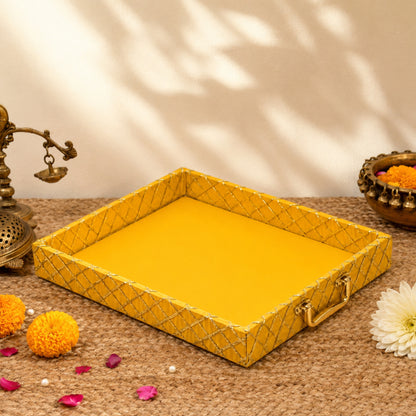 Traditional Yellow Wooden Square Lace Hamper Tray