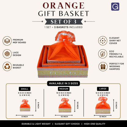 Decorative Orange Lace Hamper Basket Set of 3 | Premium Gift Packaging Basket
