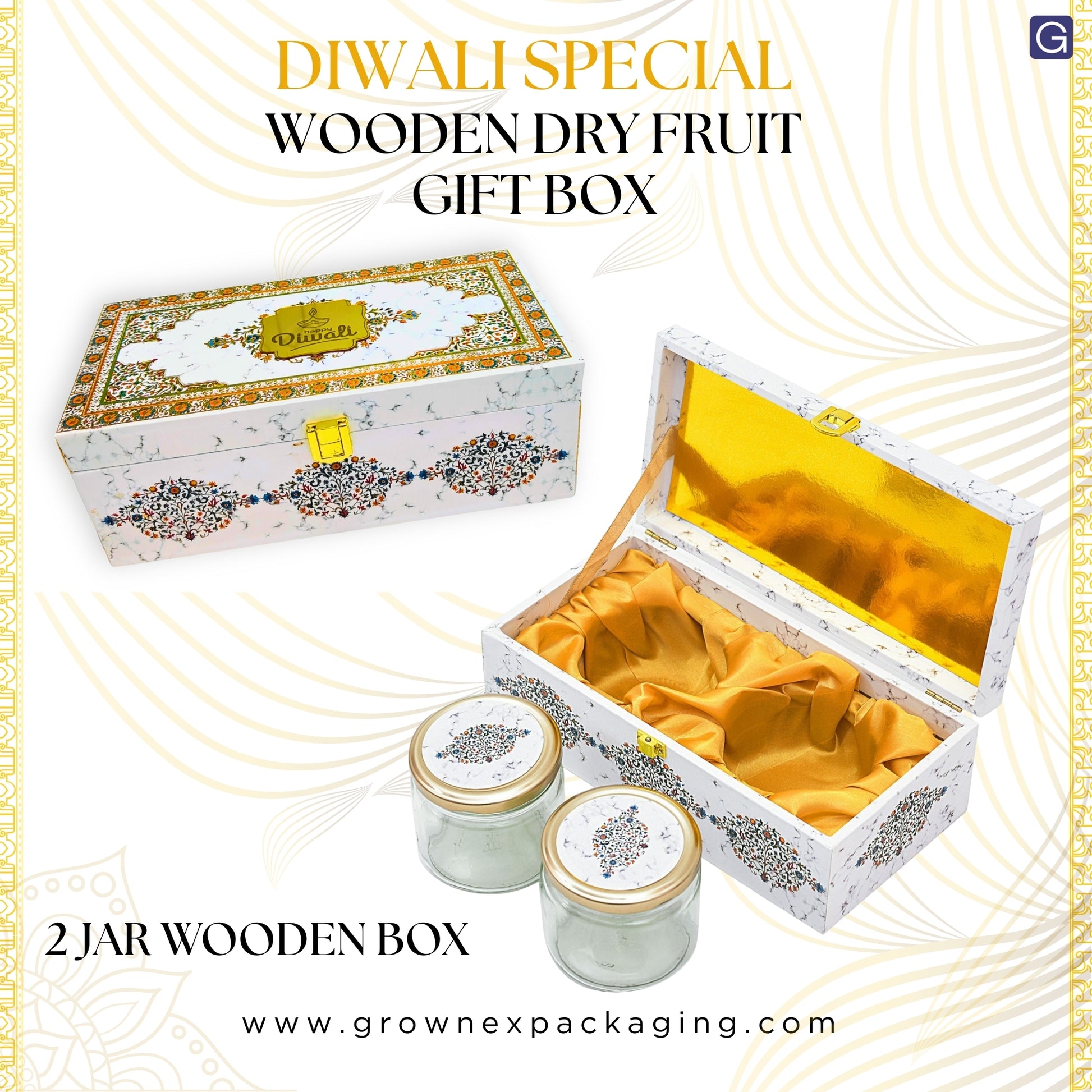Luxury 2 Jar White Marble Wooden Gift Box | Premium Diwali Dry Fruit Packaging | Grownex Packaging | wooden box