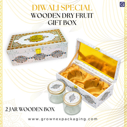 Luxury 2 Jar White Marble Wooden Gift Box | Premium Diwali Dry Fruit Packaging | Grownex Packaging | wooden box