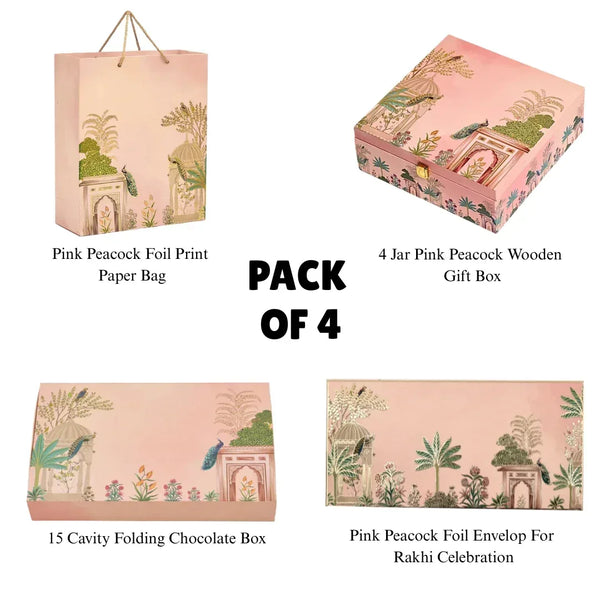 Pink Peacock Foil Festive Gift Packaging Combo – 4 Jar Wooden Box, Envelope, Paper Bag & Chocolate Box | Diwali & Wedding Premium Gift Set | Grownex Packaging | hamper box
