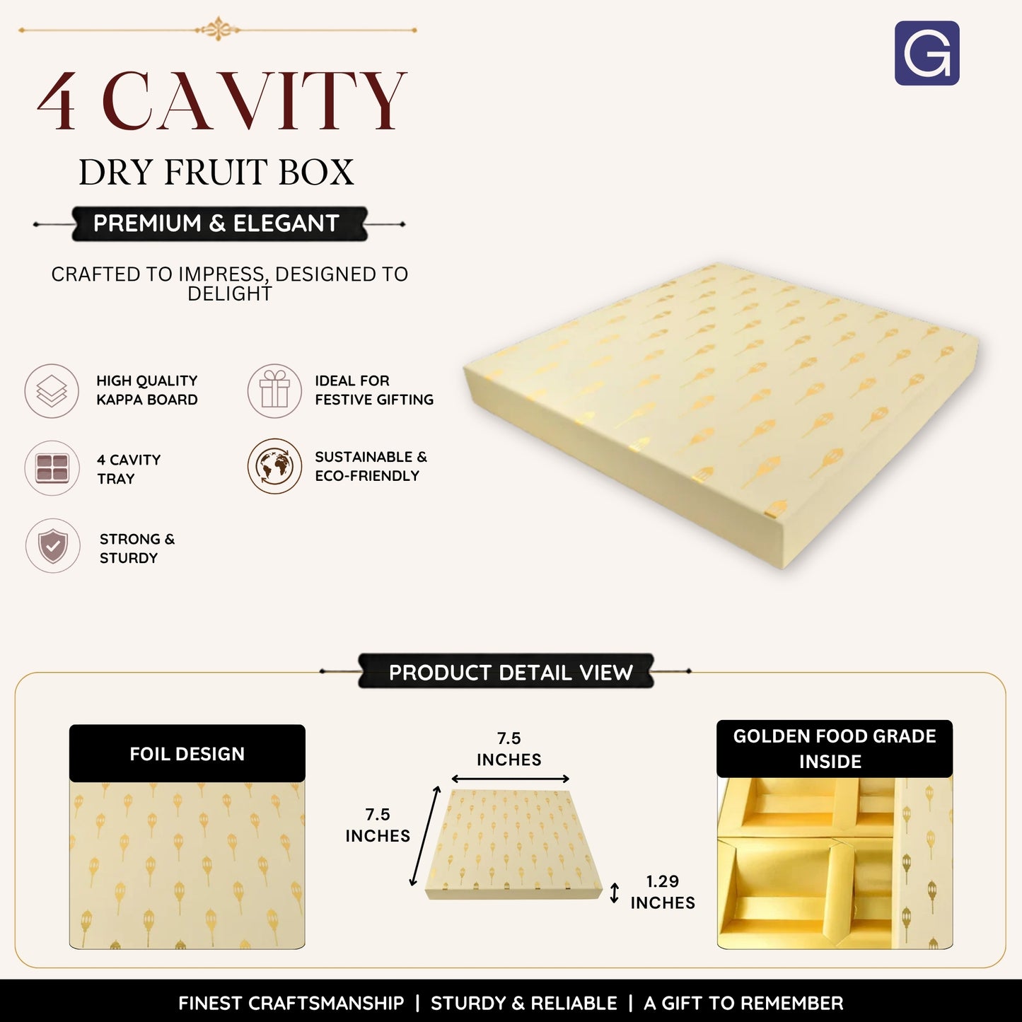 Off-White Foil Print Square Dry Fruit Box | 4 Compartment Premium Gift & Storage Box