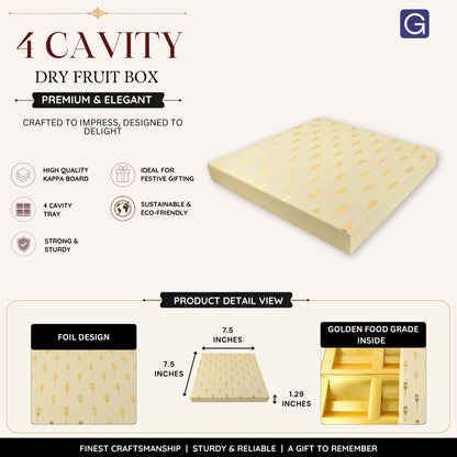 Off-White Foil Print Square Dry Fruit Box | 4 Compartment Premium Gift & Storage Box