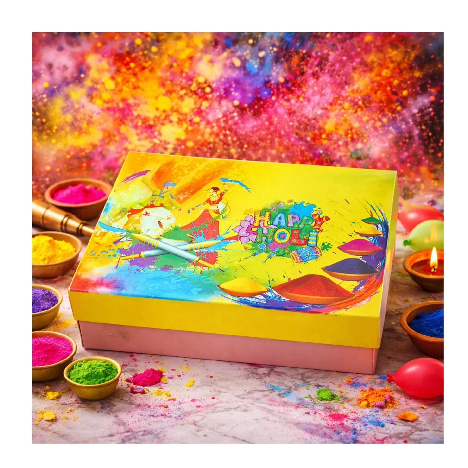 Holi Print Hamper Box 23.6 × 17.8 × 7.62 cm – Yellow with Baby Pink | Food Safe Kappa Board Gift Box | Grownex Packaging | Hamper Box