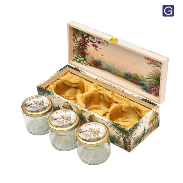 Royal Garden Print Wooden Gift Box with 3 Jars | Premium Dry Fruit Box