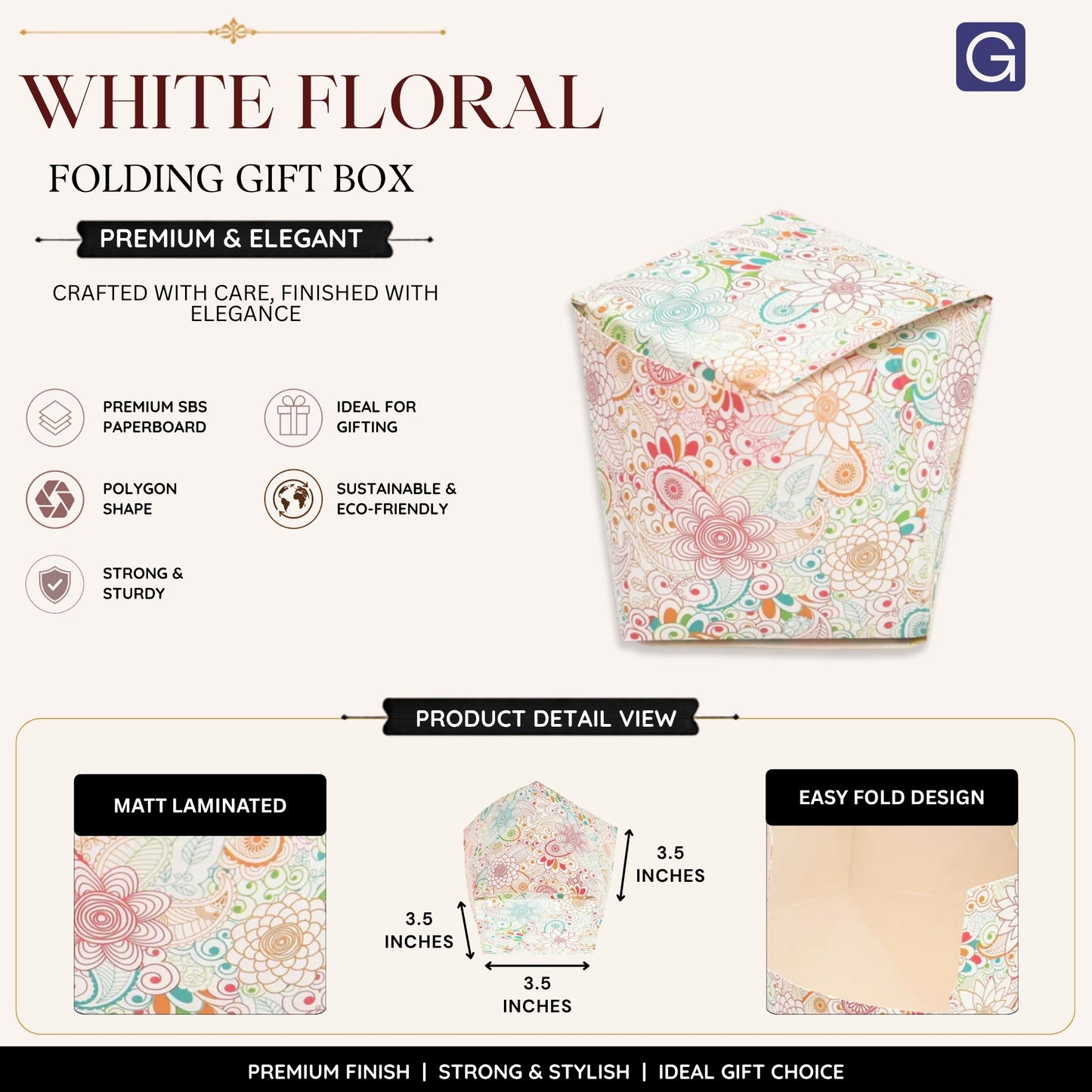 Polygon Shape Folding Box | White Floral Print Premium Gift Box