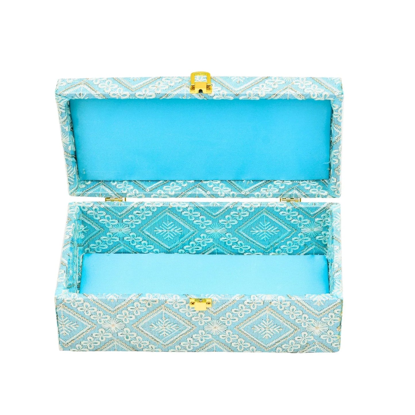 Premium Sky Blue Fabric Finish Empty Gift Box with Lock – 26 × 13 × 10 cm | Grownex Packaging | wooden box