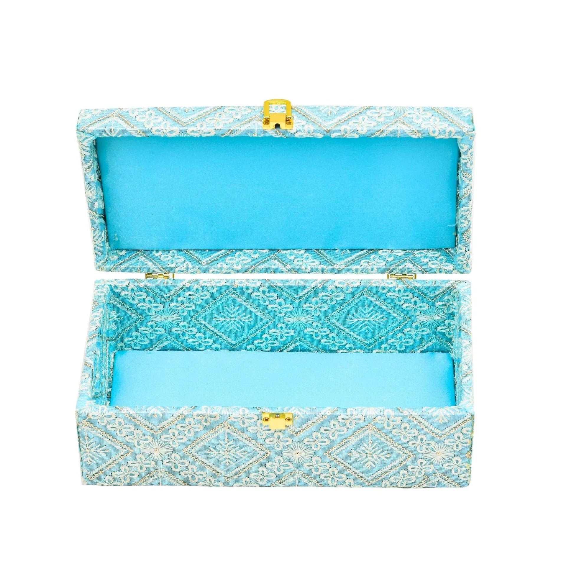 Premium Sky Blue Fabric Finish Empty Gift Box with Lock – 26 × 13 × 10 cm | Grownex Packaging | wooden box