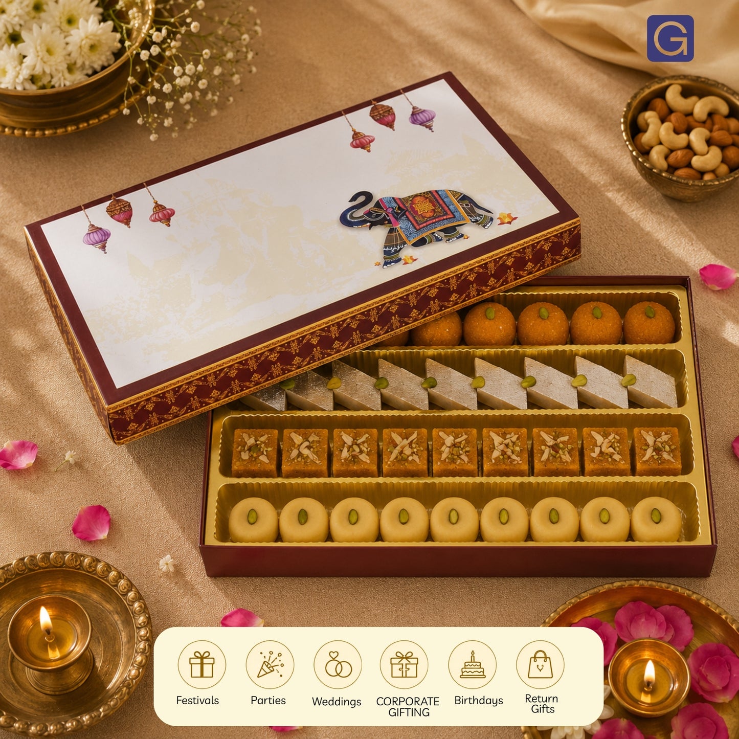 Brown Elephant 4 Line Sweet Box | 1kg Premium Matte Finish Mithai Box