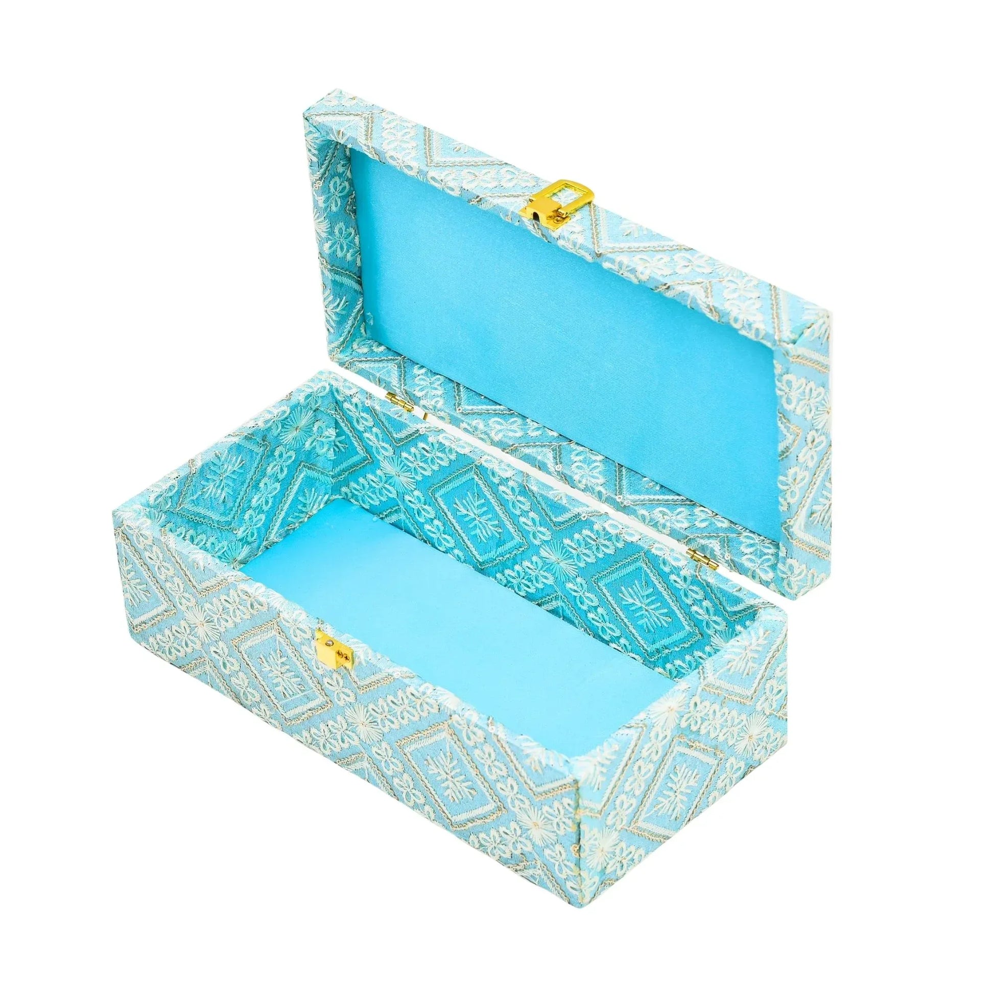 Premium Sky Blue Fabric Finish Empty Gift Box with Lock – 26 × 13 × 10 cm | Grownex Packaging | wooden box