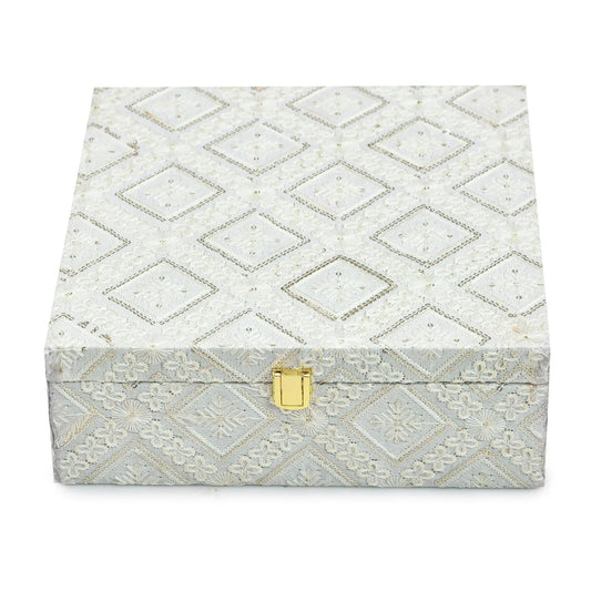 White Lace Fabric Decorative Storage Box with Golden Lock – Empty Gift (26×26×9.5 cm) | Grownex Packaging | wooden box