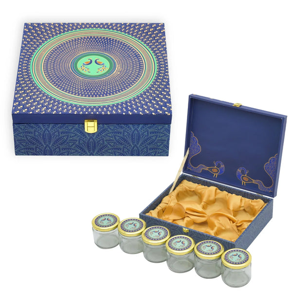 Blue peacock wooden gift hamper box with 6 jars