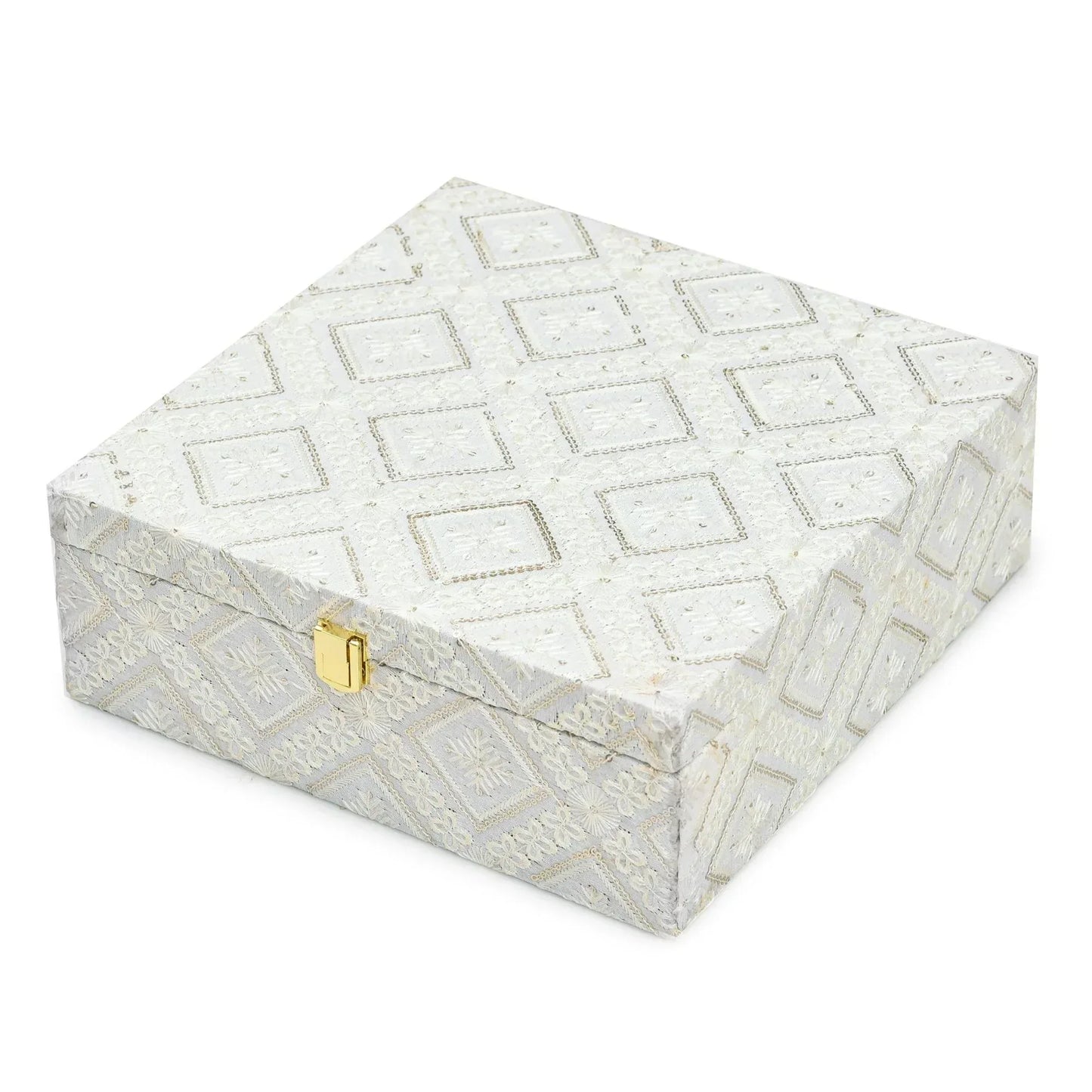 White Lace Fabric Decorative Storage Box with Golden Lock – Empty Gift (26×26×9.5 cm) | Grownex Packaging | wooden box