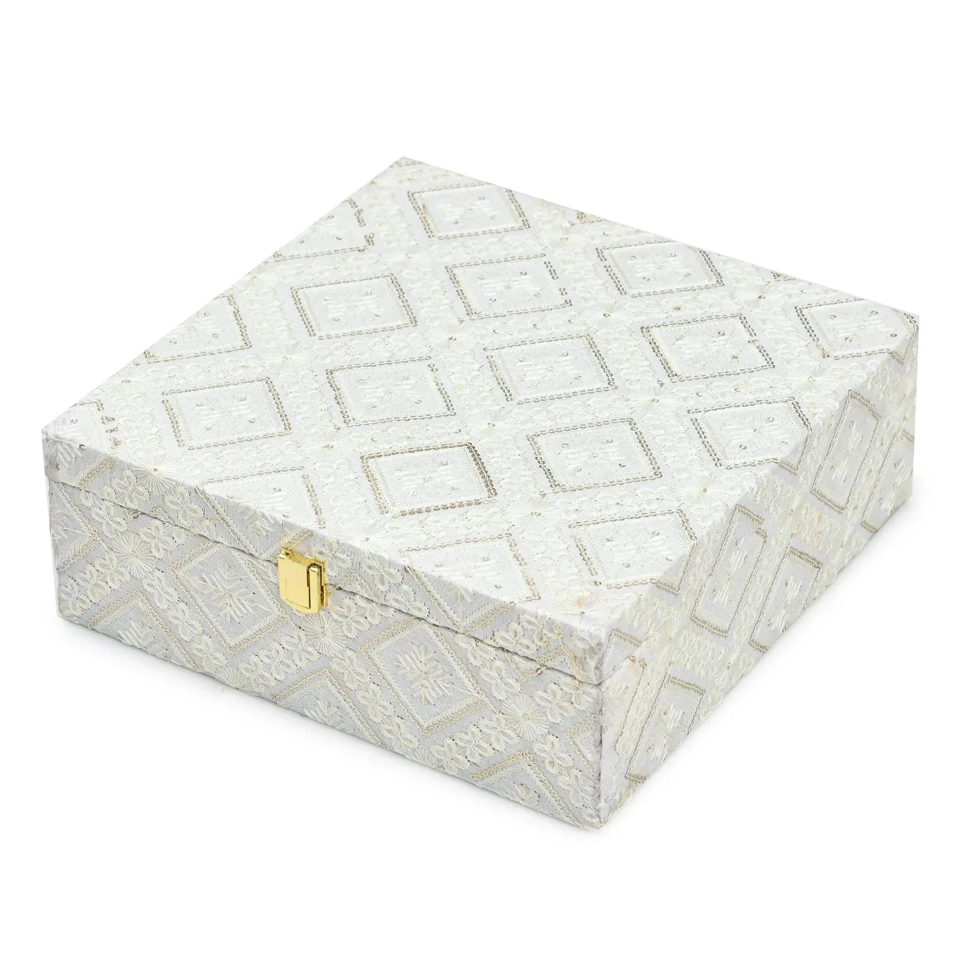 White Lace Fabric Decorative Storage Box with Golden Lock – Empty Gift (26×26×9.5 cm) | Grownex Packaging | wooden box