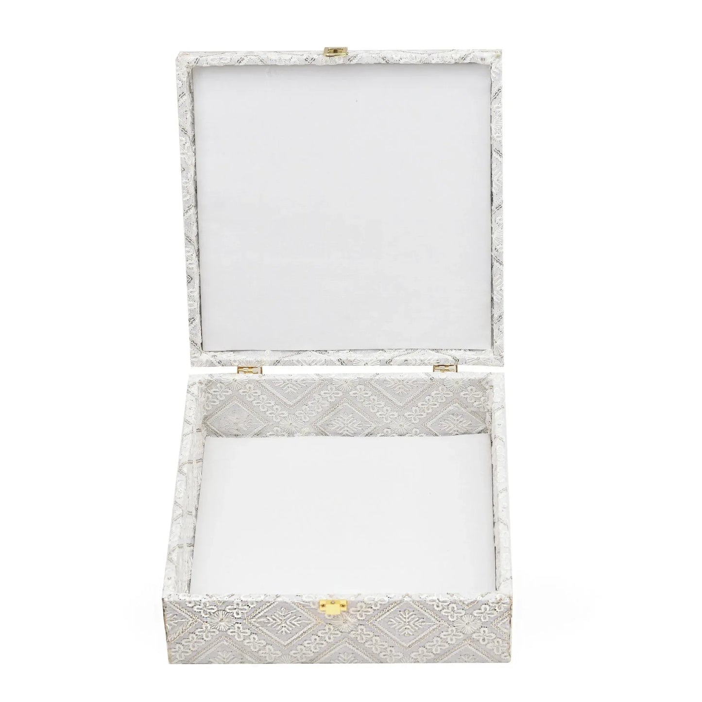 White Lace Fabric Decorative Storage Box with Golden Lock – Empty Gift (26×26×9.5 cm) | Grownex Packaging | wooden box