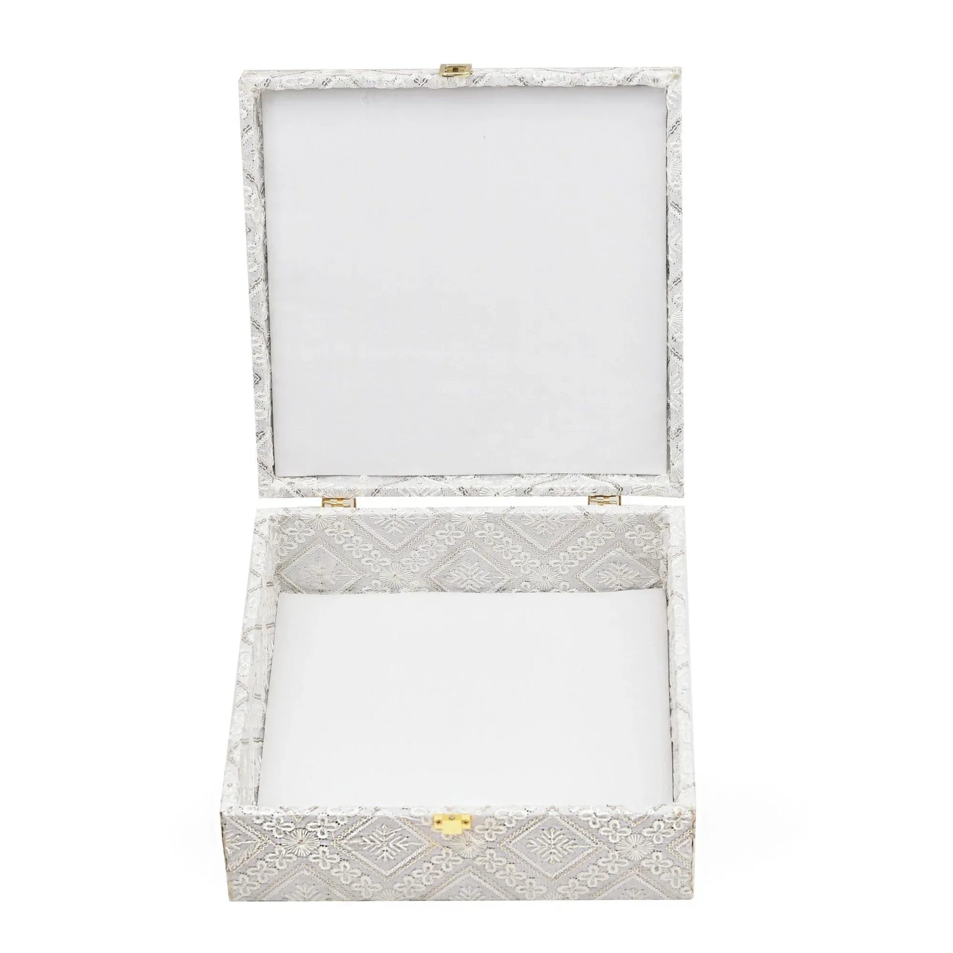 White Lace Fabric Decorative Storage Box with Golden Lock – Empty Gift (26×26×9.5 cm) | Grownex Packaging | wooden box