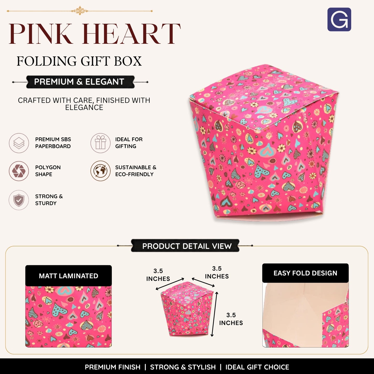 Polygon Shape Folding Box | Pink Heart & Floral Print Gift Box