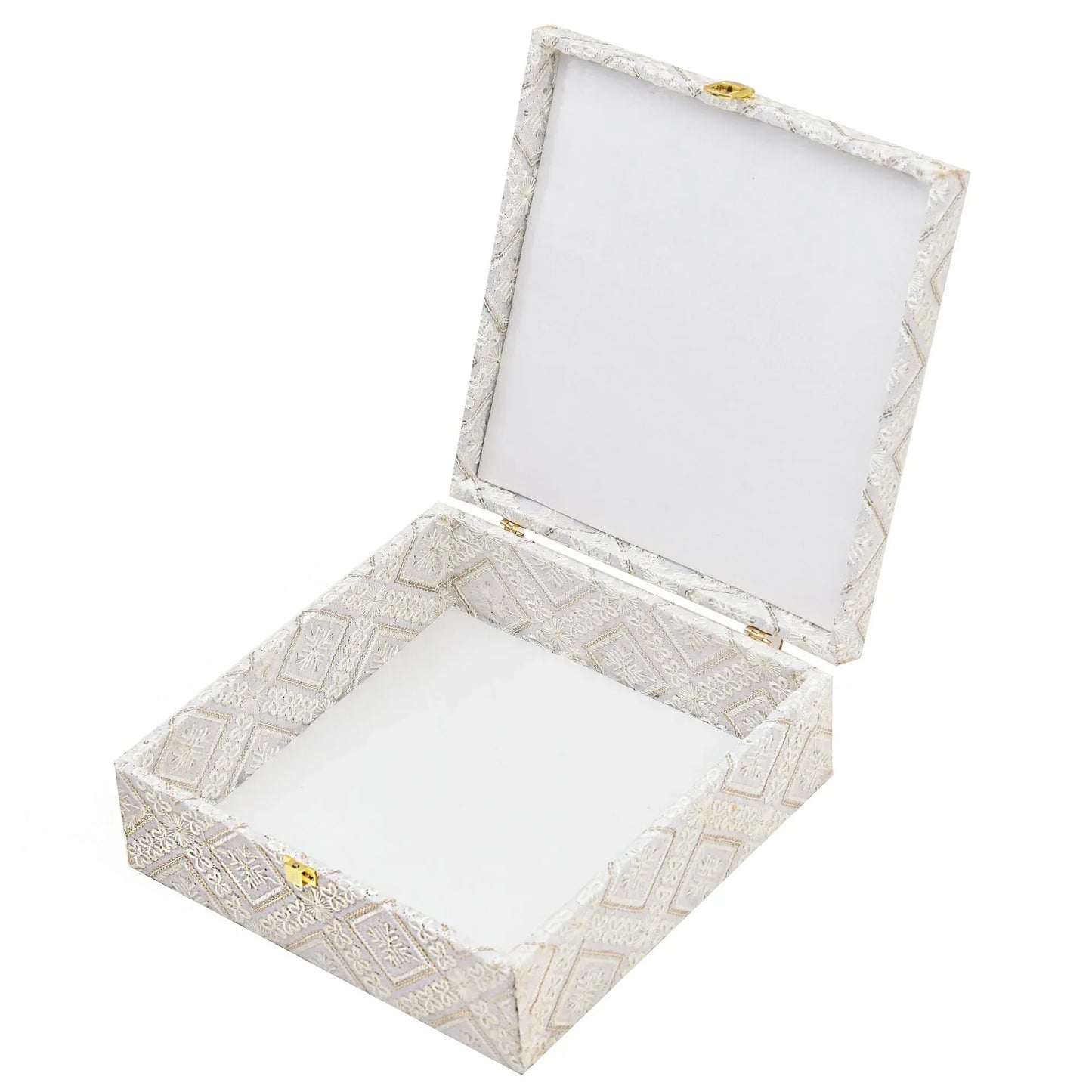 White Lace Fabric Decorative Storage Box with Golden Lock – Empty Gift (26×26×9.5 cm) | Grownex Packaging | wooden box